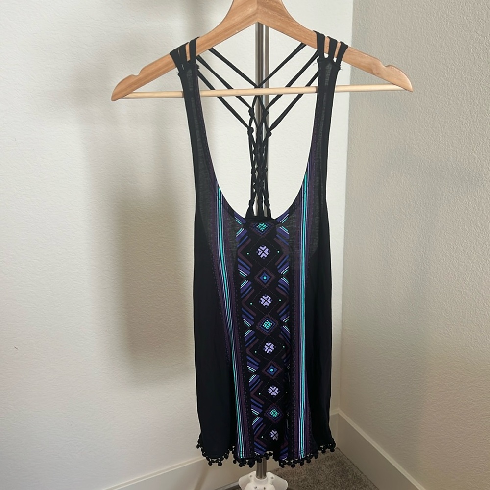 Black Strappy Tank Top with Blue Pattern